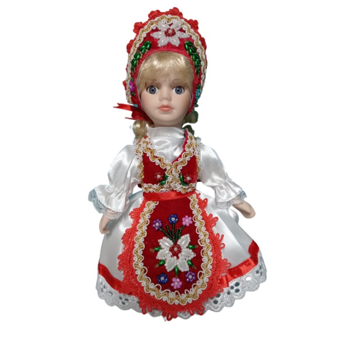 Papusa de portelan in costum popular, cu coronita, rosu, 23 cm