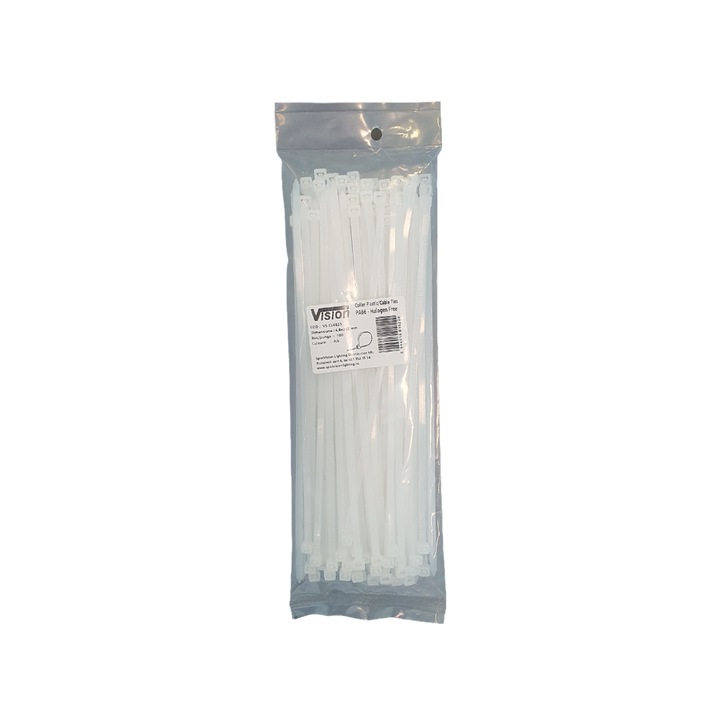 Set 100 buc coliere plastic, Vision, 4.8 x 250 mm, alb