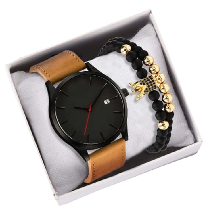 Комплект часовник Black King и две гривни модел корона с камъни циркон, кварцов механизъм, кафява каишка от екологична кожа, аналог