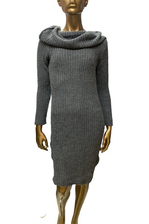 Дамска зимна рокля Fobya 16259018 10-106, Плетена, Обемна яка, Дълъг ръкав, M, Тъмносив