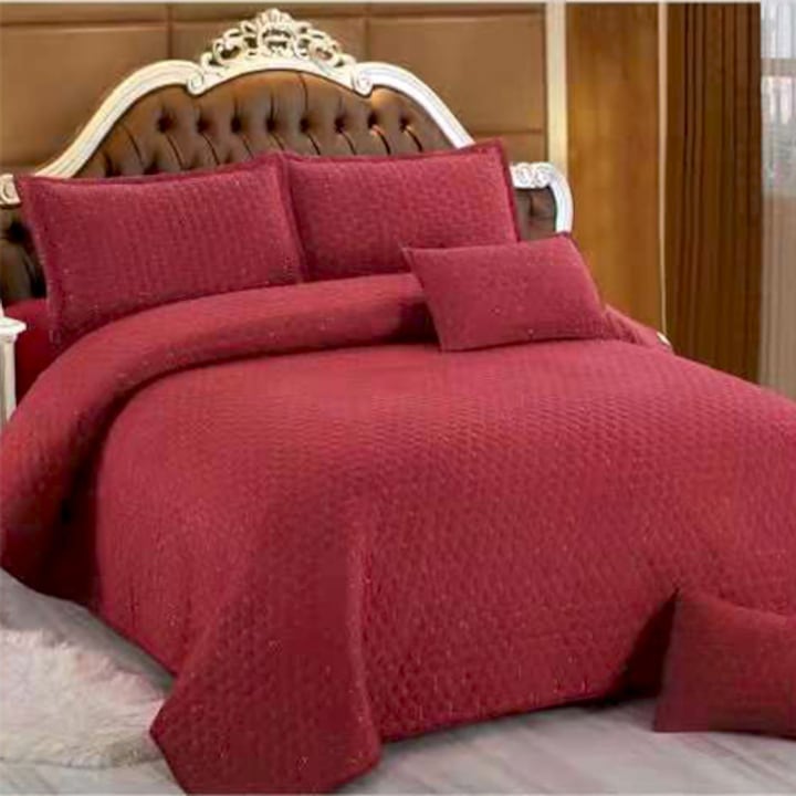 Cuvertura bumbac cu in, 5 piese, pat 2 persoane, 220x240 cm, rosu, CBI05