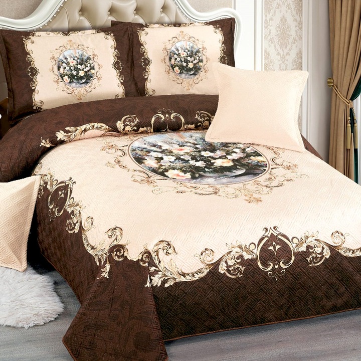 Cuvertura catifea matlasata, cu model, 5 piese, pat 2 persoane, 230x250 cm, maro, CM31