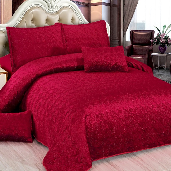 Капитонирано кадифено одеяло, 5 части, двойно легло, 220x240 см, червено, CC05