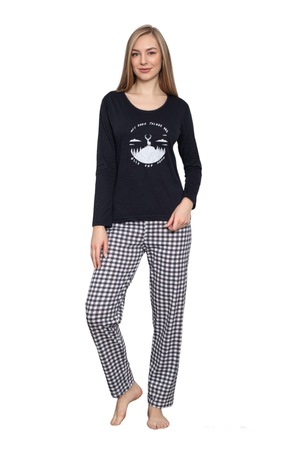 Pijama dama din bumbac, imprimeu carouri, Bleumarin