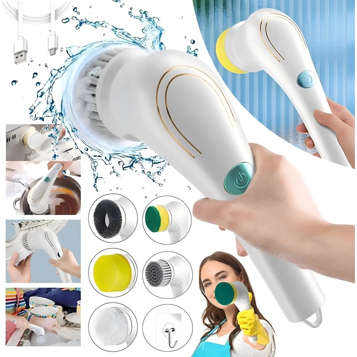 Perie electrica rotativa de curatare, Excitat®, 5 Capete, 5 in 1, Fara Fir, Brat Reglabil, Capete de Perie Inlocuibile Pentru Dus, Baie, Bucatarie, Podea, Faianta, Cada, Waterproof IPX7,800mAh, USB, Alb