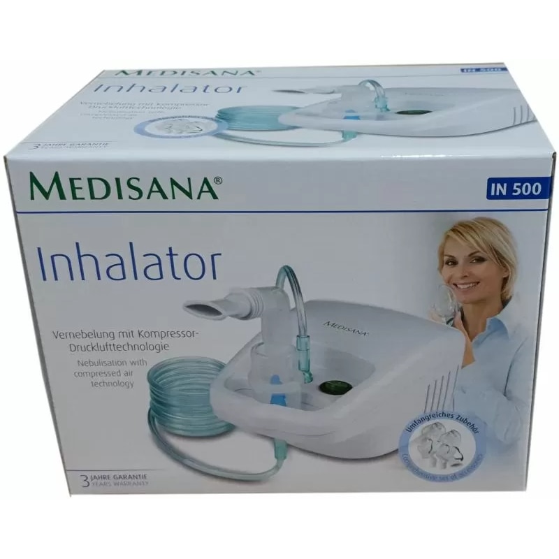 Компресорен инхалатор Medisana IN 500 Compact, Компактен, За деца и  възрастни, 5 приставки, Капацитет 10 мл, Приставки за нос и уста, Бял