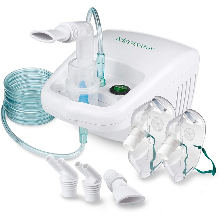 Компресорен инхалатор Medisana IN 500 Compact, Компактен, За деца и възрастни, 5 приставки, Капацитет 10 мл, Приставки за нос и уста, Бял