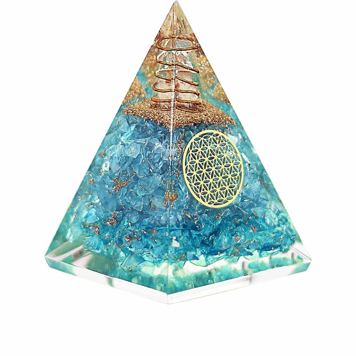 Piramida Orgonica cu cristal Acvamarin si simbolul floarea vietii 8 cm – pentru energie pozitiva, curaj, eliminarea fricii si a stresului