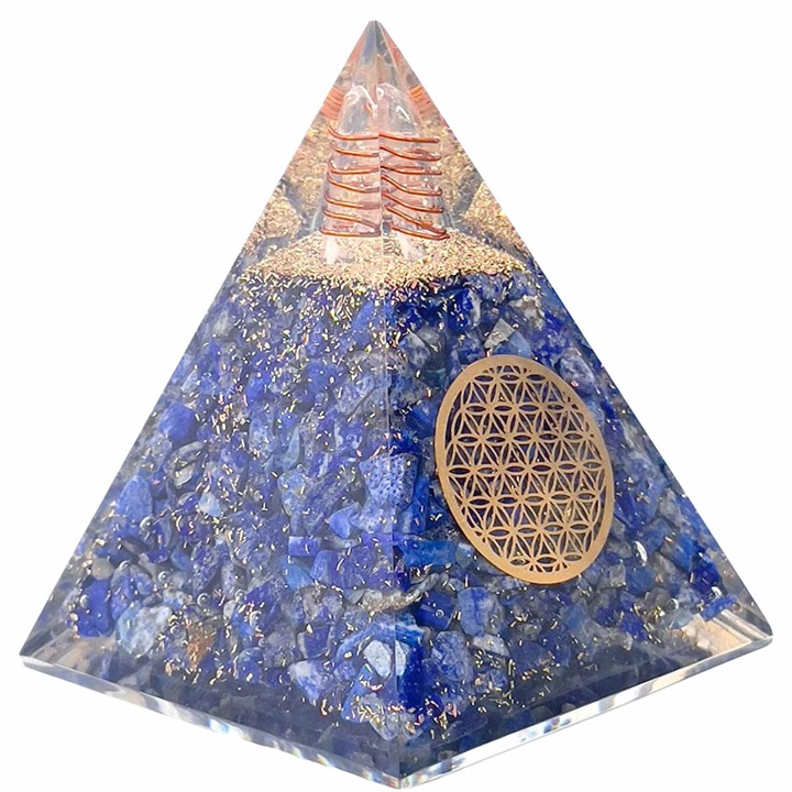 Piramida Orgonica cu cristale Lapis Lazuli si simbolul floarea vietii 8 cm – pentru intelepciune, armonie, onestitate si constientizare de sine