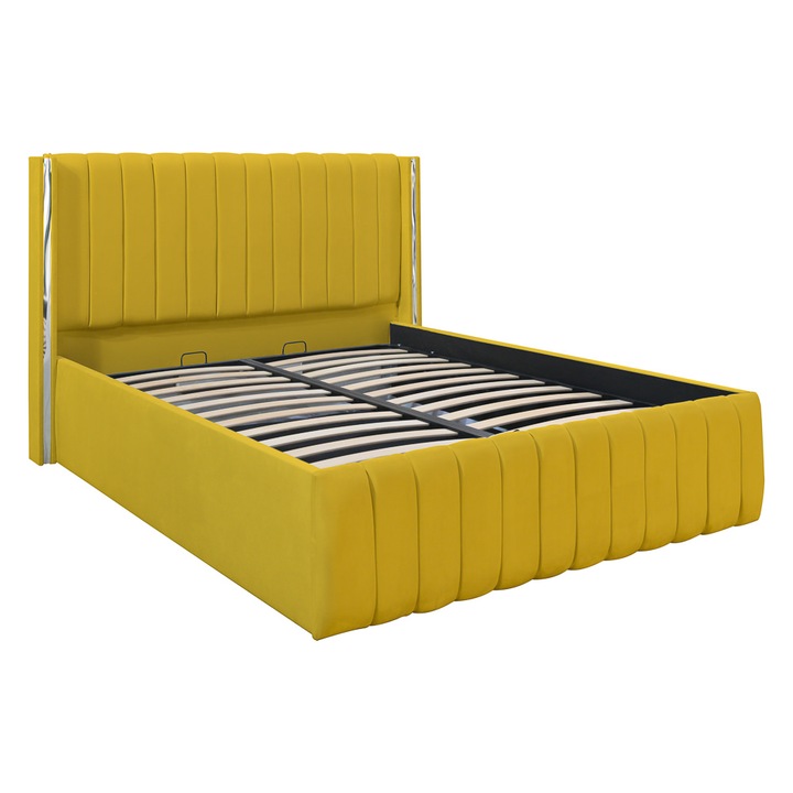 Pat dublu tapitat Georgia, 180/200 cm, galben mustar cu benzi argintii, cu somiera metalica rabatabila si spatiu de depozitare