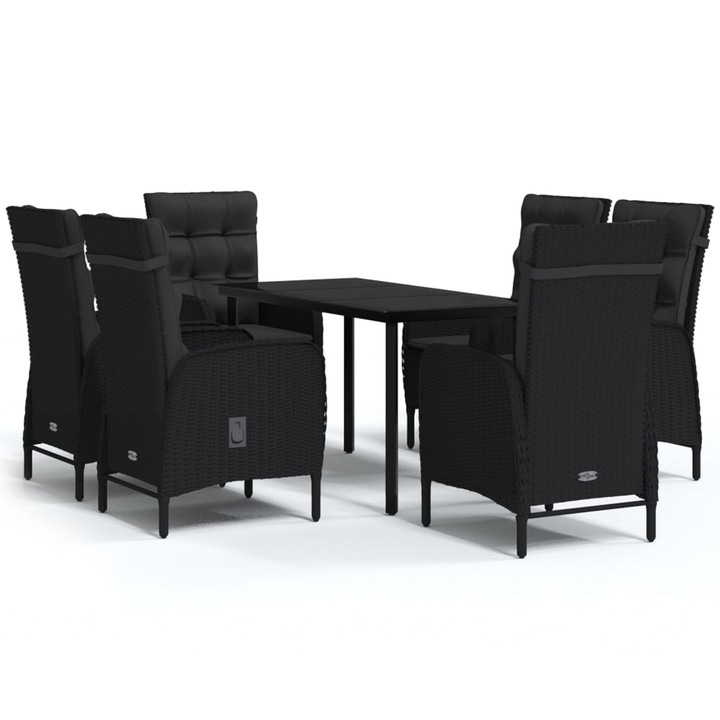 Set de masa pentru gradina vidaXL, 7 piese, cu perne, negru, 42.24 kg 3099356