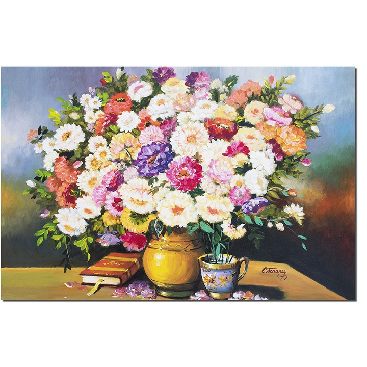 Tablou gigant pictat manual living, Vaza cu crizanteme si carte, 120x80cm ulei pe panza, Constantin Feraru