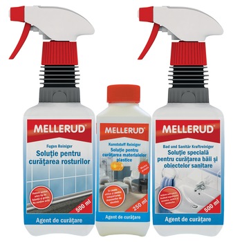 Pachet promo Mellerud: Solutie pentru curatarea rosturilor Mellerud, 500 ml + Solutie speciala pentru curatarea baii Mellerud, 500 ml + Solutie pentru curatarea materialelor plastice Mellerud, 250 ml Pachet promo Mellerud: Solutie pentru curatarea rosturilor Mellerud, 500 ml + Solutie speciala pentru curatarea baii Mellerud, 500 ml + Solutie pentru curatarea materialelor plastice Mellerud, 250 ml