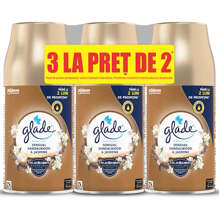 Pachet rezerve odorizant aer cu actiune continua pentru camera Glade Automatic Spray, Bali Sandalwood& Jasmine, 3 x 269 ml