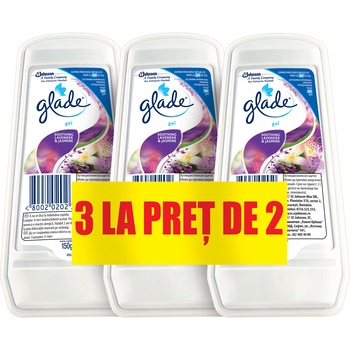Pachet odorizant de aer pentru camera gel solid Glade, Lavanda & Violetta, 3 x 150 g Pachet odorizant de aer pentru camera gel solid Glade, Lavanda & Violetta, 3 x 150 g