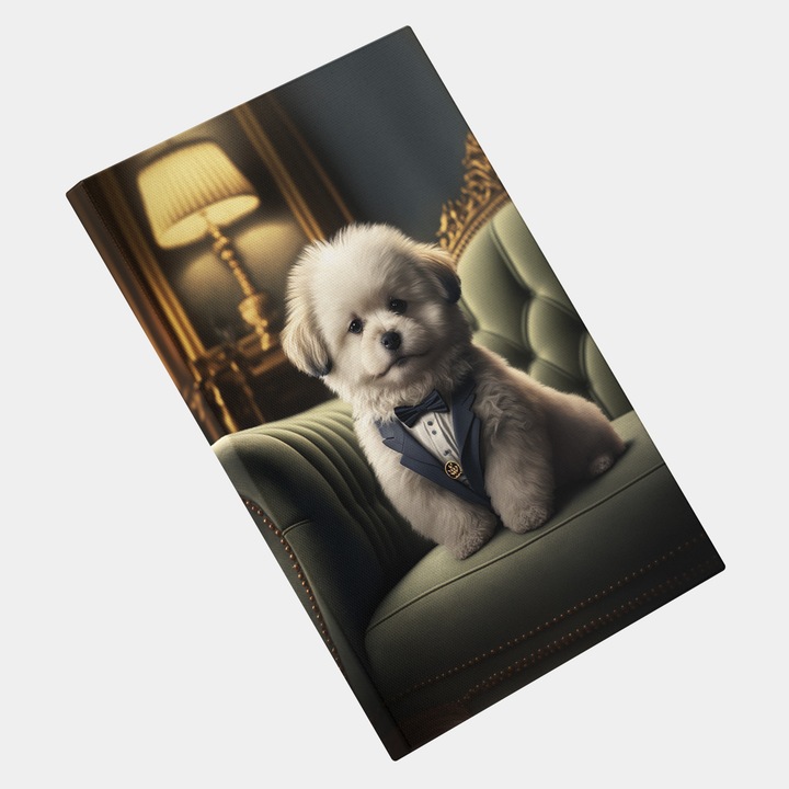 Vászonfestmény The Gentleman Dog a kanapén, Beltéri, Portré, Fanart, Modern, Kreatív, Részletes, Kortárs, High End, Digitális művészet és festészet, Mesterséges intelligenciával generált koncepció, AI, AI, 25x40 cm, Többszínű