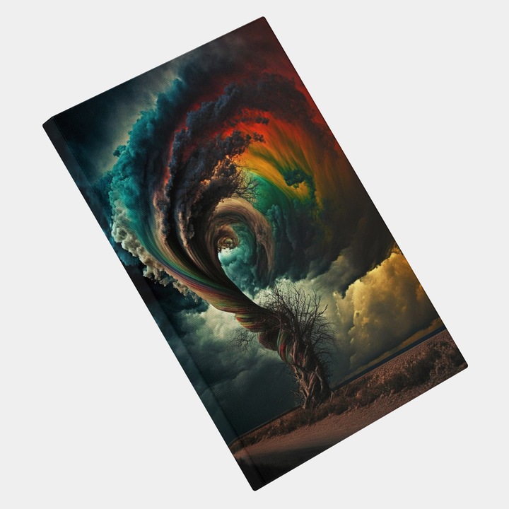 Картина на платно Торнадо Дъга зад дървото, Открито поле, Модерна, Творческа, Детайлна, Съвременна, Висок клас, Художествена и дигитална живопис, Концепция, генерирана с изкуствен интелект, AI, AI, 25x40 cm, Многоцветна