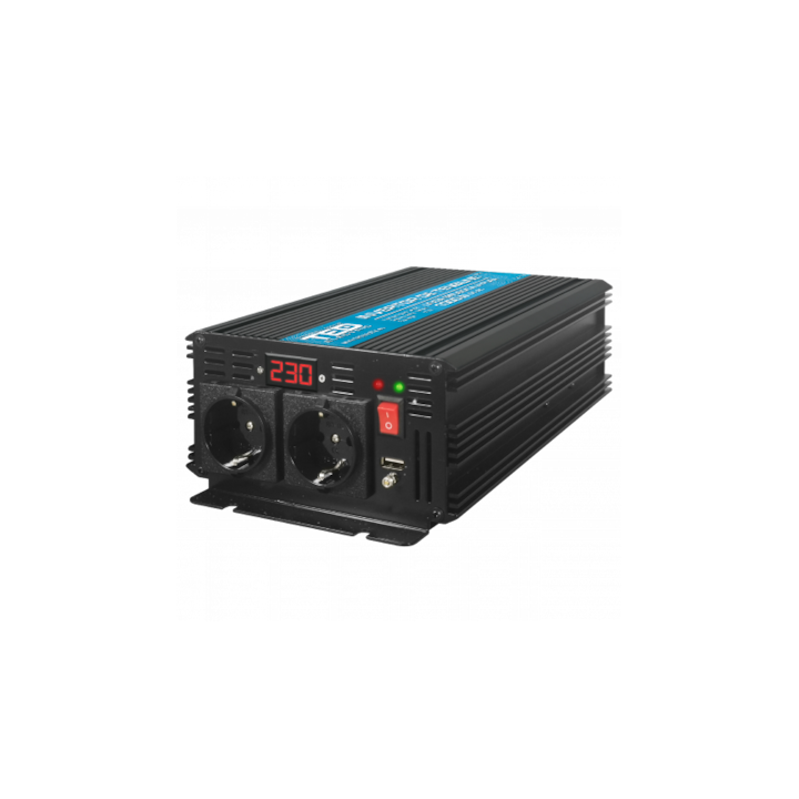 Invertor auto de la 12V la 230V, TED ELECTRIC, 2500 W, Unda sinusoidala pura, Negru