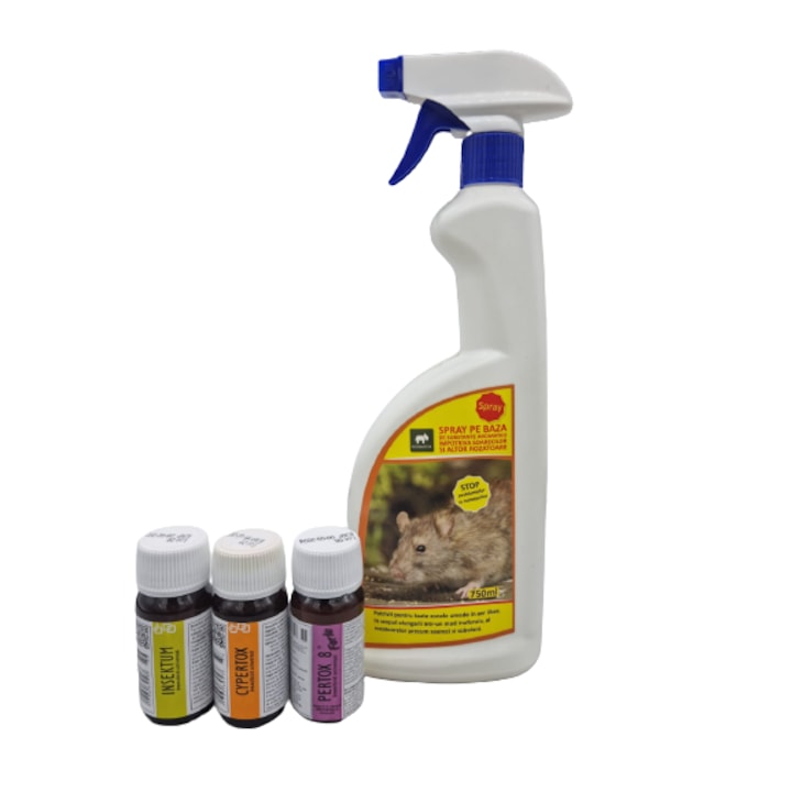 Set profesional dezinsectie si deratizare, 3 sticlute 50 ml insecticide profesionale si spray gata de utilizare anti rozatoare