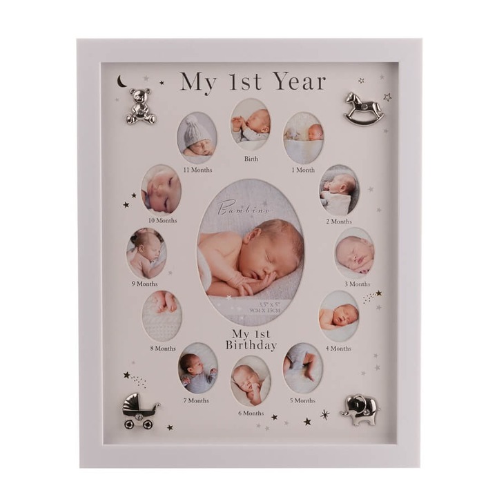 Rama foto pentru primul an al bebelusului, cu simboluri argintate, 30 x 24 cm, 13 fotografii, Bambino by Juliana, alba