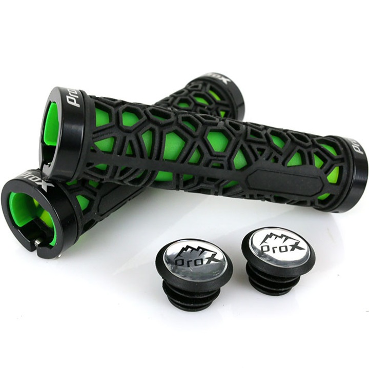 Manere de bicicleta, Prox, Gp-53, Ergonomice, Negru/verde, Montare cu surub, Pvc/tpe, 130 mm, 99 g