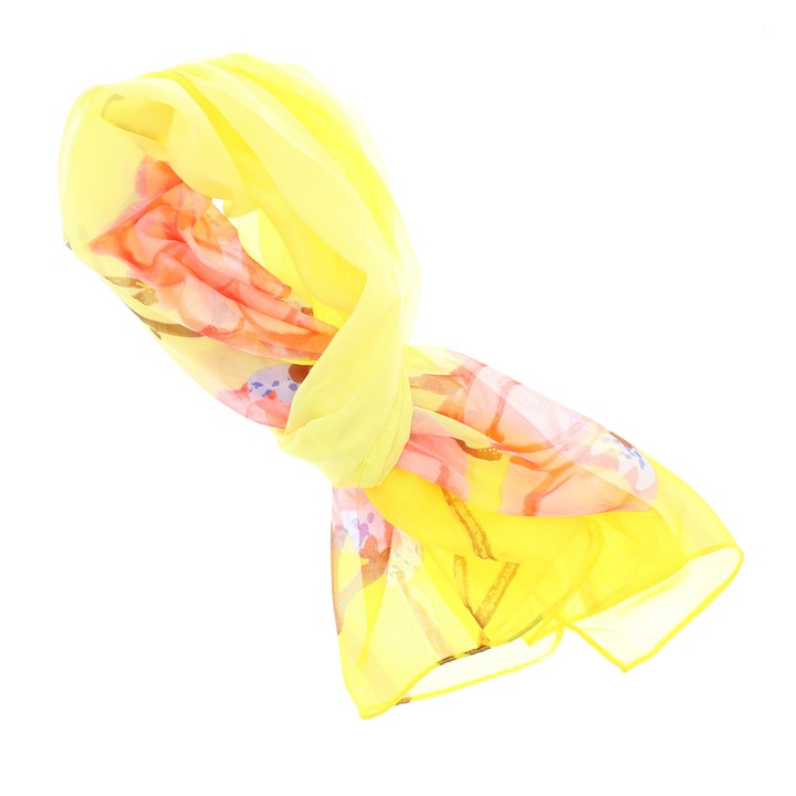 Esarfa, de dama, Buticcochet, din poliester, imprimeu floral, 50x150 cm, Galben- ES1952