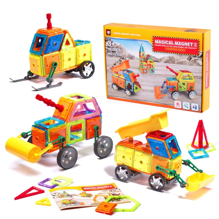 Set Interactiv Piese Magnetice 3D de Construit Educational si Creativ pentru Copii, Ideal pentru Dezvoltarea Creativitatii, Multiple Posibilitati de Construit Creativ, 162 Elemente, Multicolor