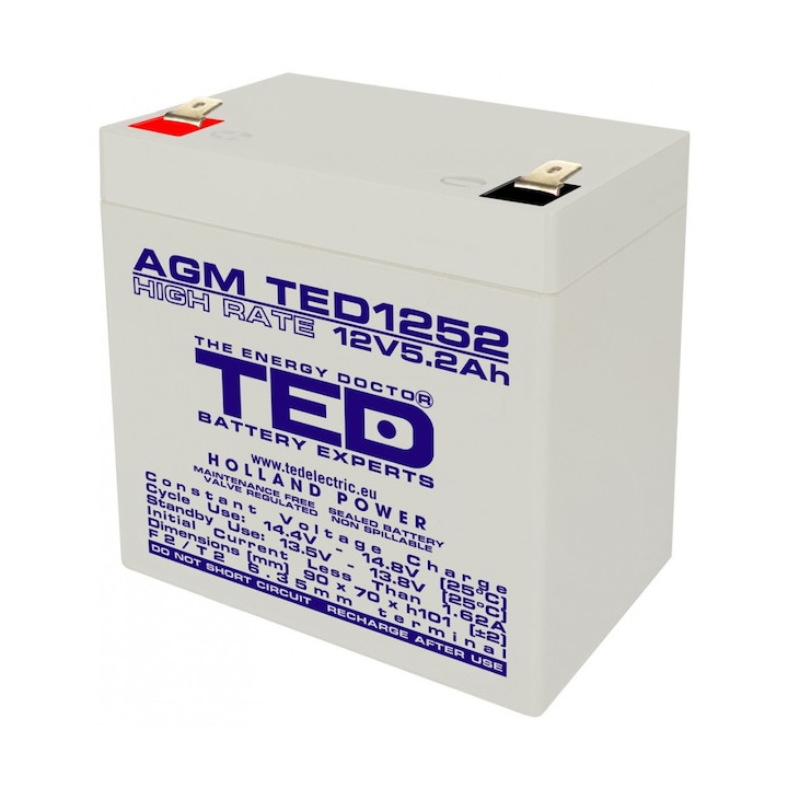 Стационарна батерия VRLA AGM 12V 5.2Ah High Rate, F2/ T2 TED Electric, запечатана, UPS, Back-up, аларма