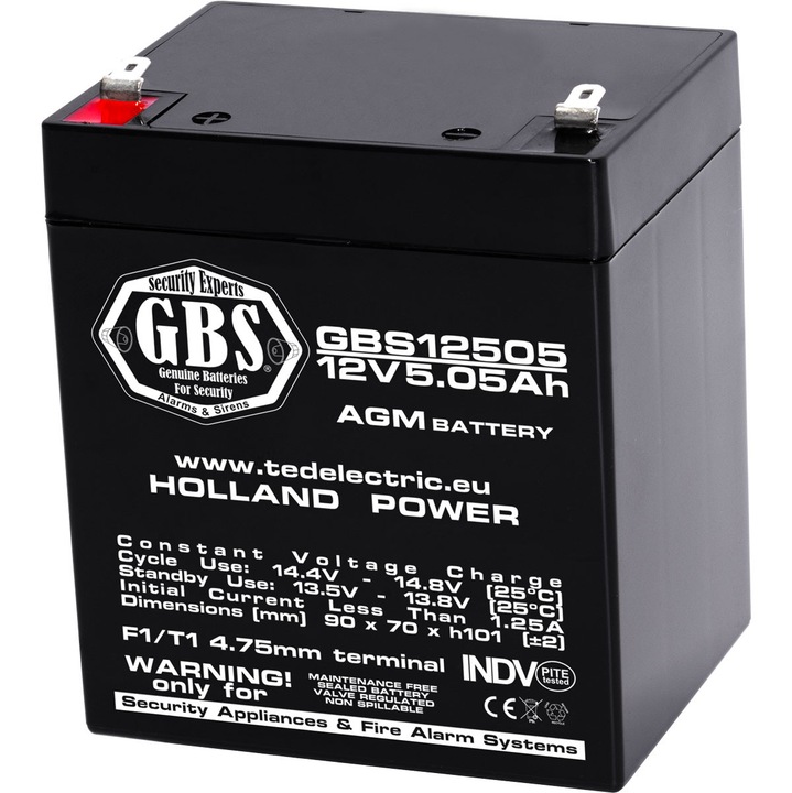 Acumulator Stationar AGM VRLA Etans 12V 5.05A F1 T1, Dimensiuni 90mm x 70mm x h101mm, Pentru Sisteme de Securitate, Alarma, Sirena, GBS