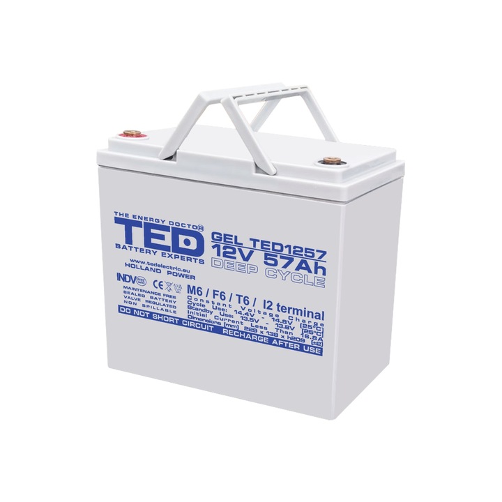 AGM VRLA батерия, 12V 57A, GEL Deep Cycle, 229mm x 138mm xh 208mm M6 TED Battery Expert Holland