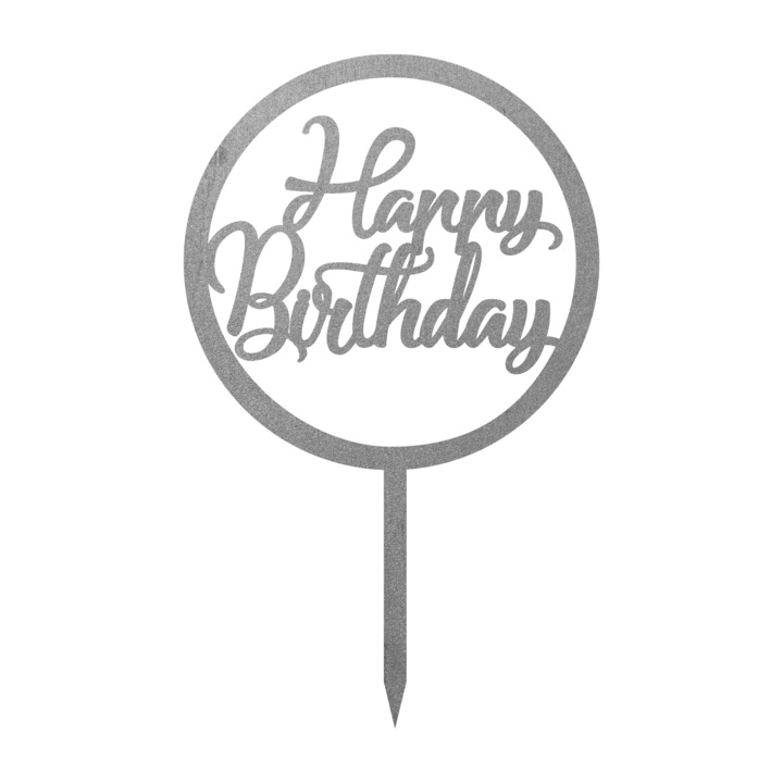 Topper tort Happy Birthday, Inedit Print, TC892, Argintiu, 16 cm
