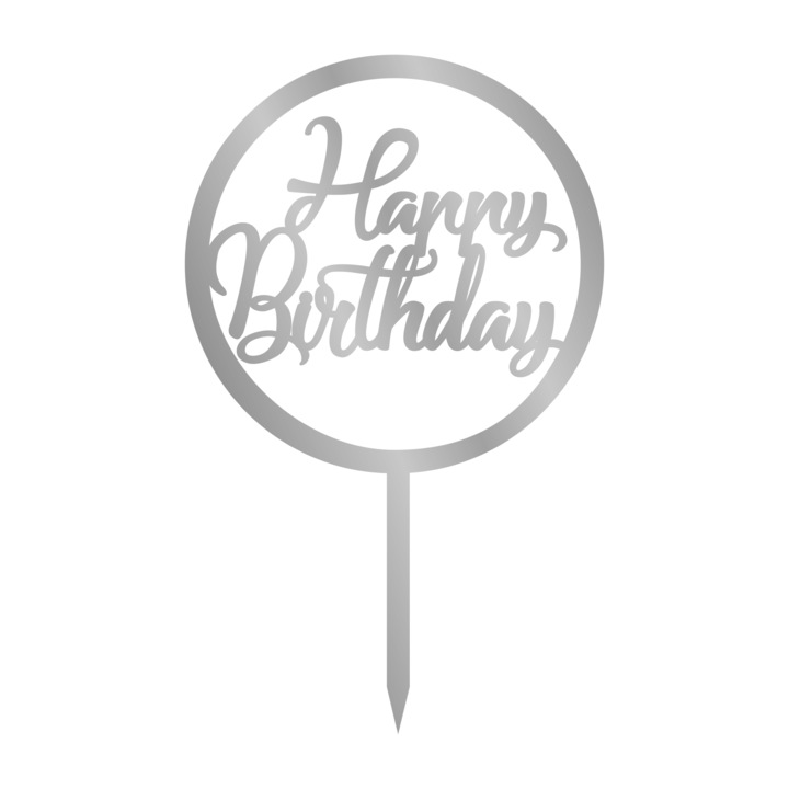 Topper tort Happy Birthday, Inedit Print, TC892, Oglinda Argintie, 16 cm