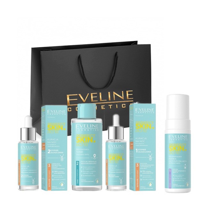 Комплект Eveline Cosmetics Perfect Skin.acne Night лечение за корекция на несъвършенства, 30 мл, Тоник регулатор на себума, 200 мл, Почистваща пяна, 150 мл