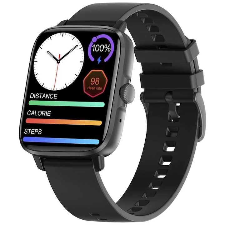 Okosóra és fitnesz karkötő, mindig bekapcsolt kijelző, 1,9" SUPER RETINA, hívások fogadása/indítása, hívások/sms-ek/közösségi értesítések, egészség, alvás, pulzusmérő román nyelv, szilikon szíj, fekete