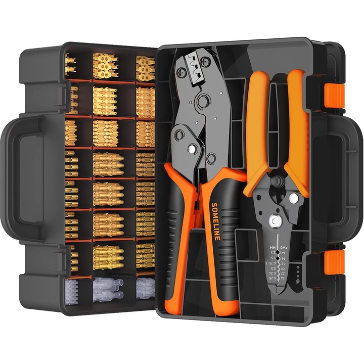 Set cleste de sertizare pini conectori cu 370 terminale conductori 0,25 - 2,5 mm², 20 de tipuri conectori spada, mama-tata cu mansoane de protectie si cleste de dezizolat