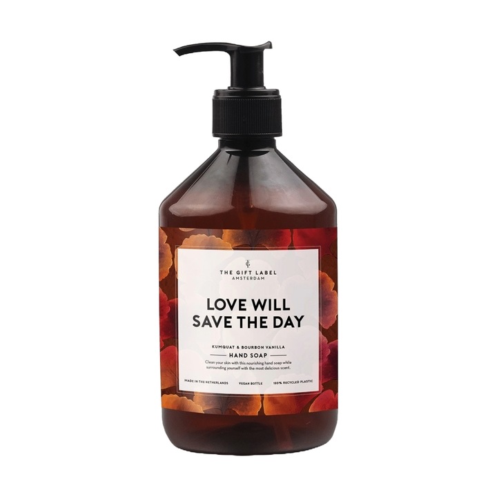 Течен сапун за ръце The Gift Label, Love Will Save The Day, колекция пролет/лято, нотки на кумкуат и бурбонска ванилия, веган, без сулфати и оцветители, 500 мл