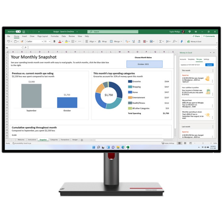 Lenovo P27h-30 ThinkVision Monitor, IPS, QHD, 60Hz, 4ms, DisplayPort, Fekete