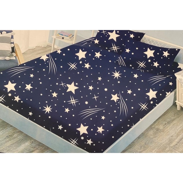 Set Husa Cocolino cu Elastic Premium, pentru Pat Dublu, 3 Piese, 2 Fete de Perna, Albastra cu Stele, 180 x 200 cm