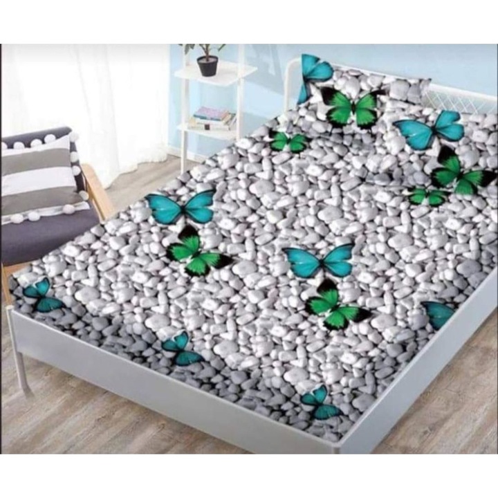 Set Husa Finet cu Elastic, 3 Piese, pentru Pat Dublu, 2 Fete de Perna, Gri cu Pietre, 180 x 200 cm