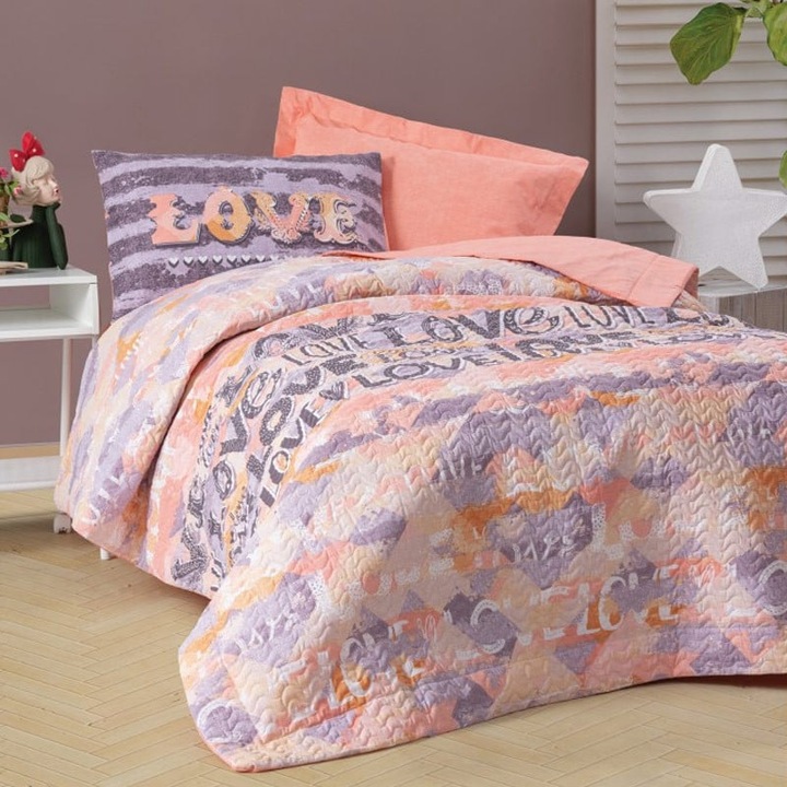Комплект спално бельо с ластик и одеяло за 1 човек, Cottonbox, Love, Powder, Cotton 100%, 3 части