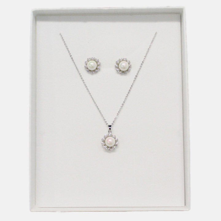 Velve Flower Pearl kiegészítő készlet, rozsdamentes acélból, fülbevalóval, lánccal és medállal, gyöngyökkel és kristályokkal stilizált, elegáns dobozban, ezüst
