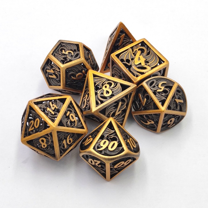 Set 7 zaruri de joc Dragon King, Metal, Auriu