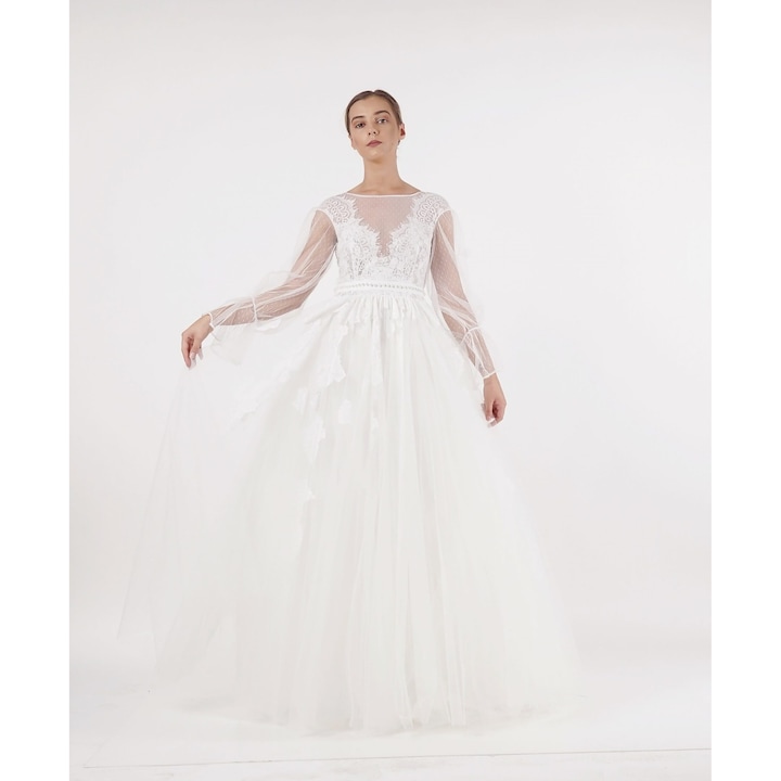 Rochie de mireasa croiala printesa din tul si dantela alba LILY - 38