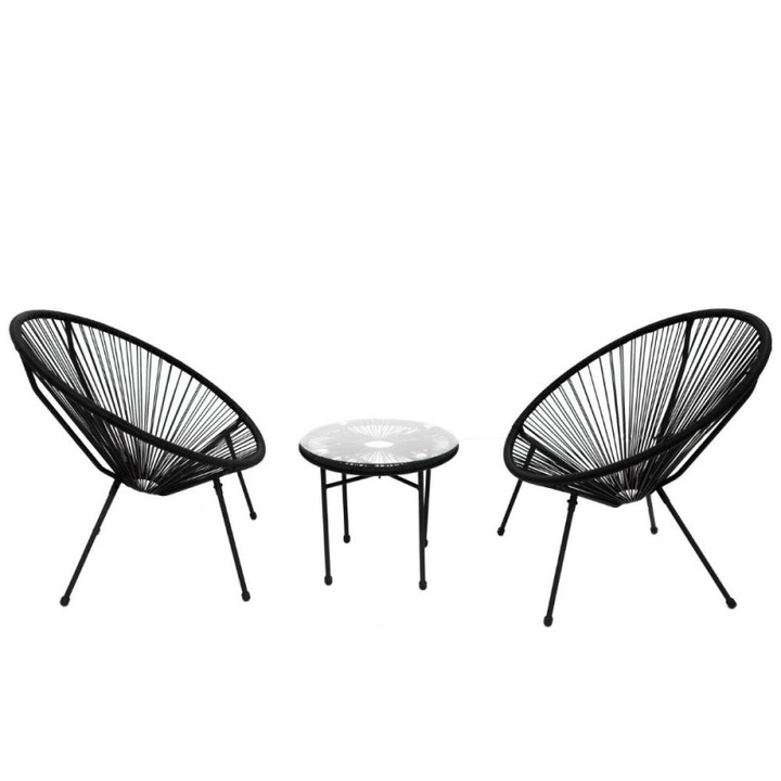 Set mobilier terasa, 2 scaune si masa cu blat de sticla, metal si ratan artificial, negru