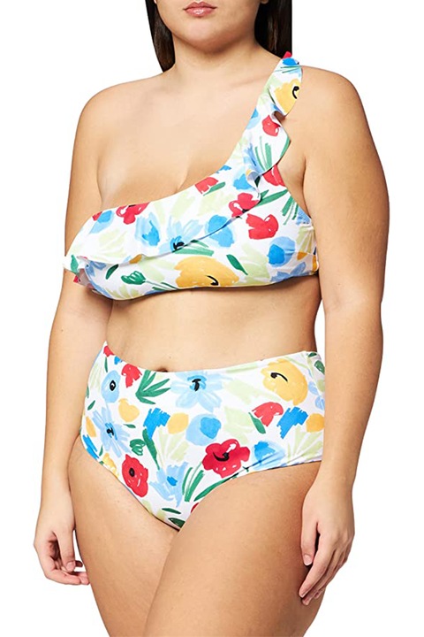 Costum de baie dama Iris & Lilly, cu talie inalta si prindere pe un umar, culoarea alb cu motiv floral, marimea M