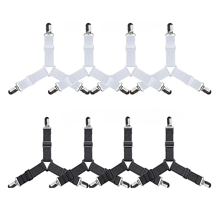 Set 8 benzi elastice pentru cearceaf, TopGearWorld, Universal, Alb/Negru