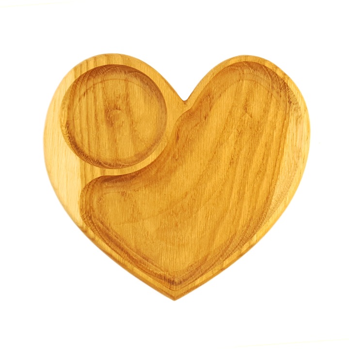 Platou servire din lemn de stejar in forma de inima, 20cm