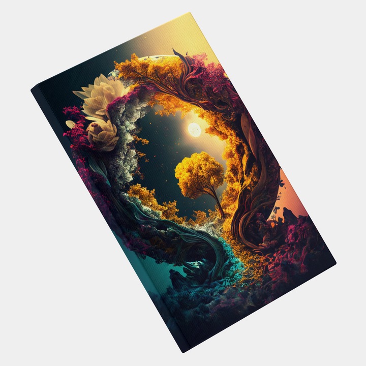 Tablou Canvas 2 Pari, Zi si Noapte, Pamant, Cerc, Arcada, Padure, Copac, Flori, Noapte, Soare, High End, Arta si Pictura Digitala, Concept Generat cu Inteligenta Artificiala, AI, IA, 25x40 cm, Multicolor