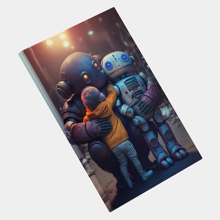 Tablou Canvas Intalnire de Familie, Roboti, Copil, High End, Arta si Pictura Digitala, Concept Generat cu Inteligenta Artificiala, AI, IA, 25x40 cm, Multicolor