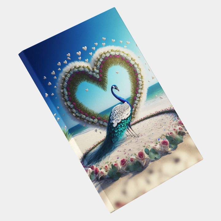 Tablou Canvas Paun, Iubire, Inima din Flori, Trandafiri, Creativ, High End, Arta si Pictura Digitala, Concept Generat cu Inteligenta Artificiala, AI, IA, 25x40 cm, Multicolor